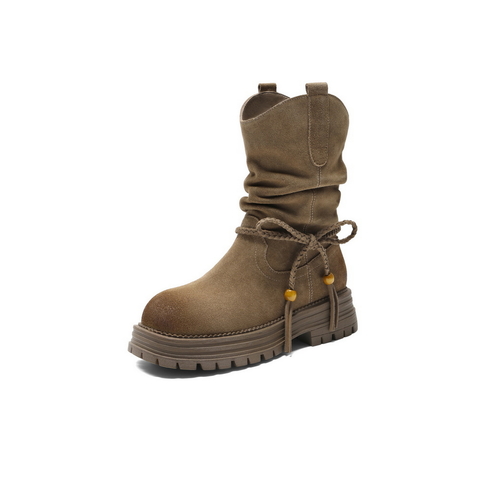 百丽复古擦色西部靴女2025冬新柔软舒适休闲蝴蝶结高靴B2878DZ5