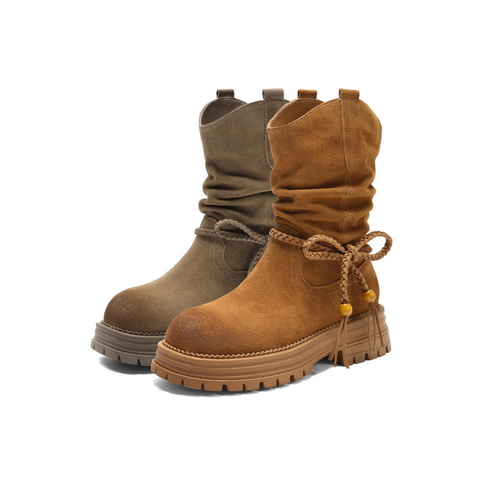 百丽复古擦色西部靴女2025冬新柔软舒适休闲蝴蝶结高靴B2878DZ5