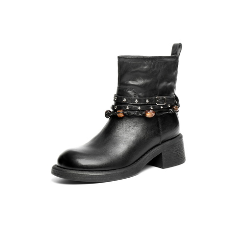 百丽民族风串珠时装靴女2025冬新商场同款真皮厚底短靴F2L1DDD5