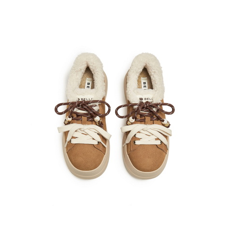 百丽复古双鞋带串珠毛毛鞋女2025冬新厚底增高加绒休闲鞋B2843DM5