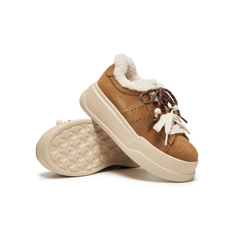 百丽复古双鞋带串珠毛毛鞋女2025冬新厚底增高加绒休闲鞋B2843DM5