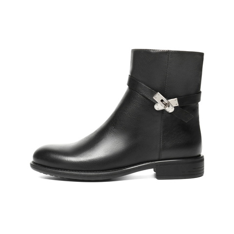 百丽时尚搭扣时装靴女2025冬新真皮舒适低跟百搭短靴B2819DD5