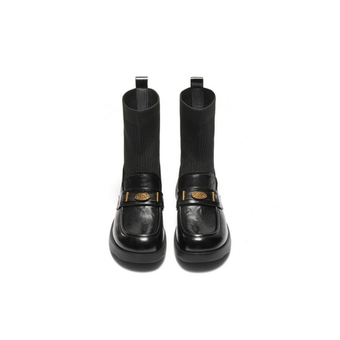 百丽学院风袜靴女2025冬新复古褶皱感百搭乐福短靴B2881DZ5