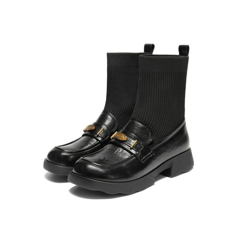 百丽学院风袜靴女2025冬新复古褶皱感百搭乐福短靴B2881DZ5