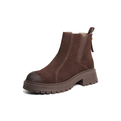 百丽复古褶皱切尔西靴女2025冬新厚底增高休闲短靴B2914DD5