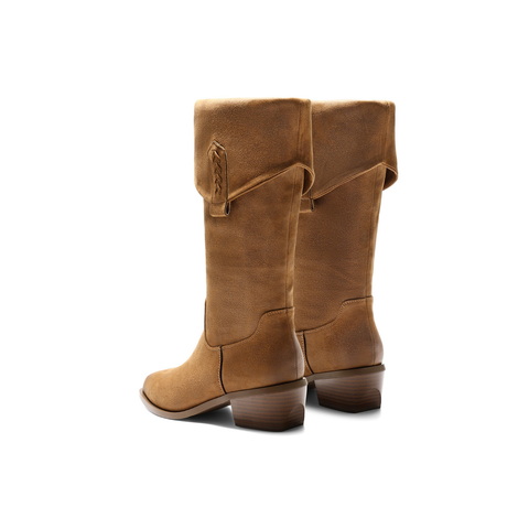 百丽V口显瘦时装靴女2025冬新商场同款粗跟增高西部靴E8F1DDC5