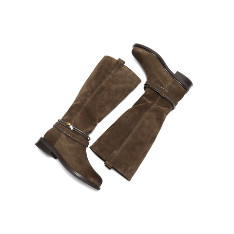 百丽复擦色绒面西部靴女2025冬新商场同款宽筒围高筒靴F2S1DDG5