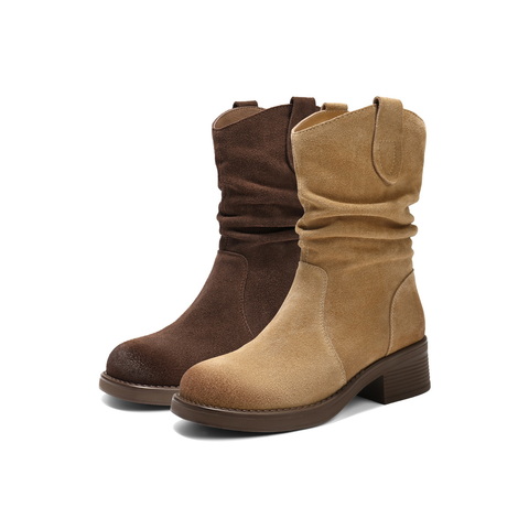 百丽复古时尚V口时装靴女2025冬新百搭显瘦堆堆西部靴B2913DZ5