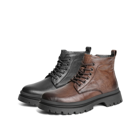 百丽潮搭休闲靴男2025冬新商场同款牛皮革褶皱马丁靴加绒8CQ01DD5