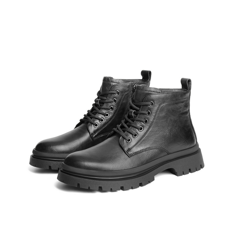百丽潮搭休闲靴男2025冬新商场同款牛皮革褶皱马丁靴加绒8CQ01DD5