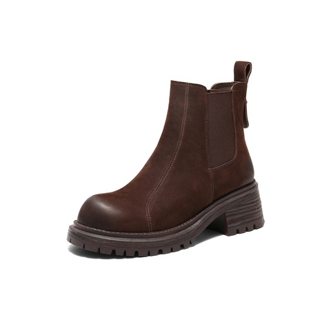 百丽复古擦色切尔西靴女2025栋新粗跟增高百搭休闲短靴B2969DD5