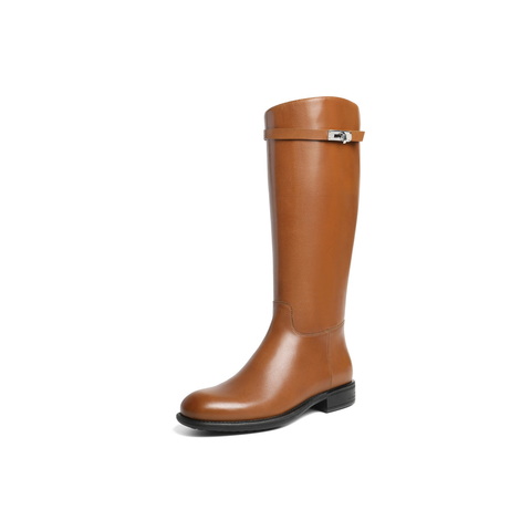 百丽时尚搭扣骑士靴女2025冬新质感真皮舒适方跟高长靴B2820DG5