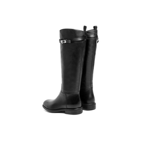 百丽时尚搭扣骑士靴女2025冬新质感真皮舒适方跟高长靴B2820DG5