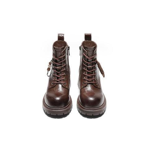 百丽编织绳马丁靴女2025冬新翘头复古短靴DY017DD5