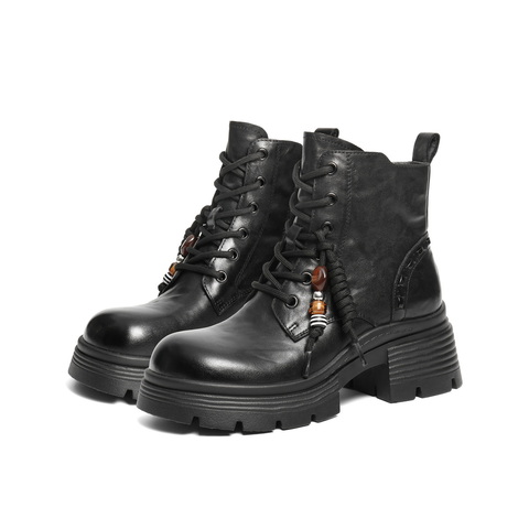 百丽厚底增高马丁靴女2025冬新商场同款真皮串珠时尚短靴F2T1DDD5