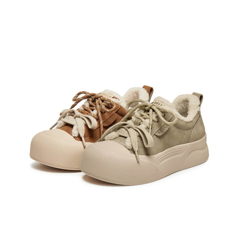 百丽复古厚底增高毛毛鞋女2025冬新加绒保暖休闲板鞋B2842DM5