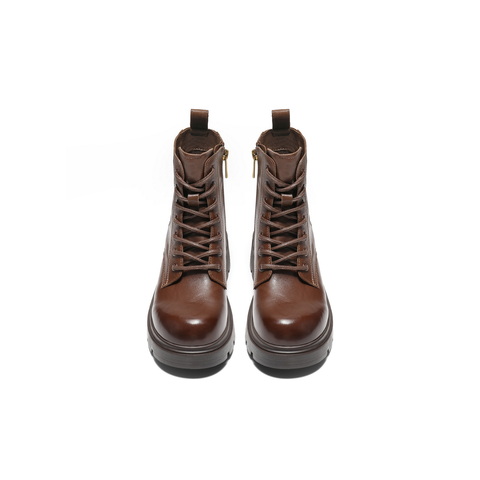 百丽时尚串珠马丁靴女2025冬新抓皱真皮厚底增高休闲短靴B2940DD5