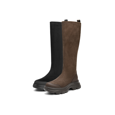 百丽复古时尚绒面弹力靴女2025冬新厚底防撞头弹力高靴E4V1DDG5