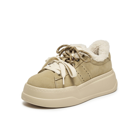 百丽复古双鞋带串珠毛毛鞋女2025冬新厚底增高加绒休闲鞋B2843DM5