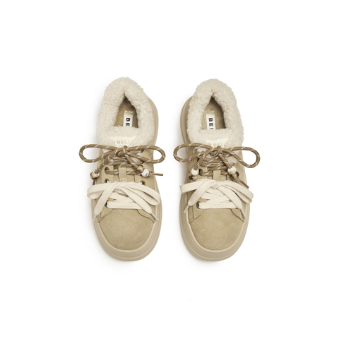 百丽复古双鞋带串珠毛毛鞋女2025冬新厚底增高加绒休闲鞋B2843DM5