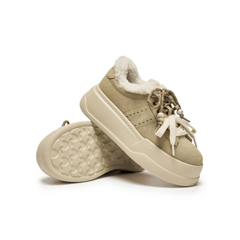 百丽复古双鞋带串珠毛毛鞋女2025冬新厚底增高加绒休闲鞋B2843DM5