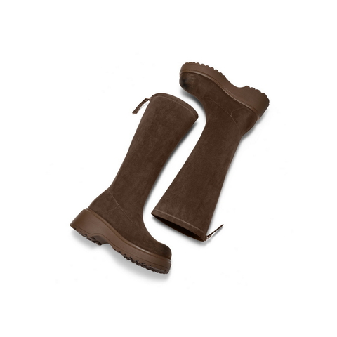 百丽复古简约绒面弹力靴女2025冬新粗跟增高弹力高靴B2860DG5