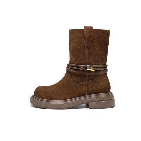 百丽厚底增高休闲靴女2025冬新商场同款复古绒面西部靴E8J1DDZ5