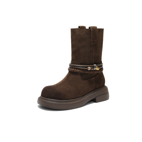 百丽厚底增高休闲靴女2025冬新商场同款复古绒面西部靴E8J1DDZ5