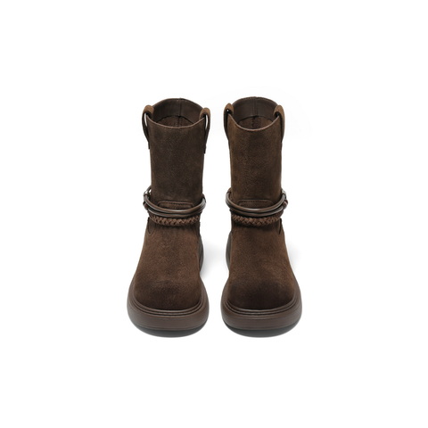 百丽厚底增高休闲靴女2025冬新商场同款复古绒面西部靴E8J1DDZ5