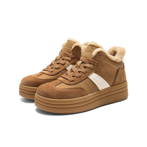 百丽加绒保暖高帮板鞋女2025冬新商场同款厚底增高休闲鞋E5T1DDD5