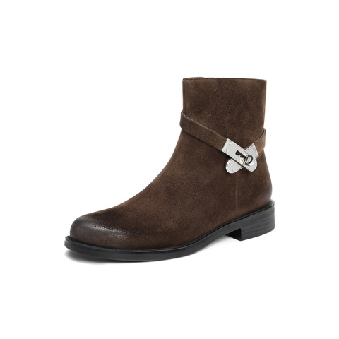 百丽复古百搭时装靴女2025冬新商场同款真皮搭扣气质短靴3QF48DD5