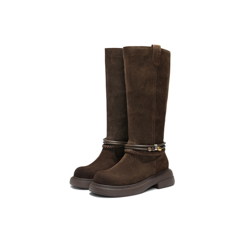 百丽复古绒面时装靴女2025冬新商场同款厚底增高高筒靴E8J2DDG5