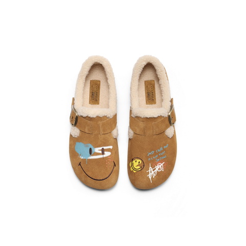 百丽SMILEY联名勃肯鞋女2025冬新舒适加毛艺术涂鸦毛毛鞋E7W1DDM5