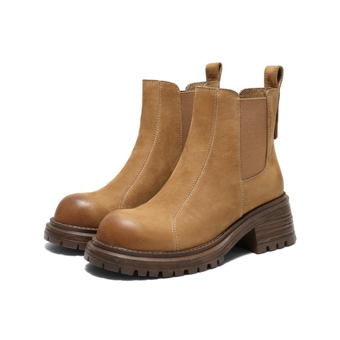 百丽复古擦色切尔西靴女2025栋新粗跟增高百搭休闲短靴B2969DD5