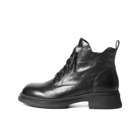 百丽复古抓皱马丁靴女2025冬新真皮厚底增高休闲短靴B2939DD5