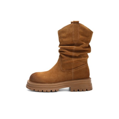 百丽复古擦色西部靴女2025冬新柔软舒适休闲蝴蝶结高靴B2878DZ5