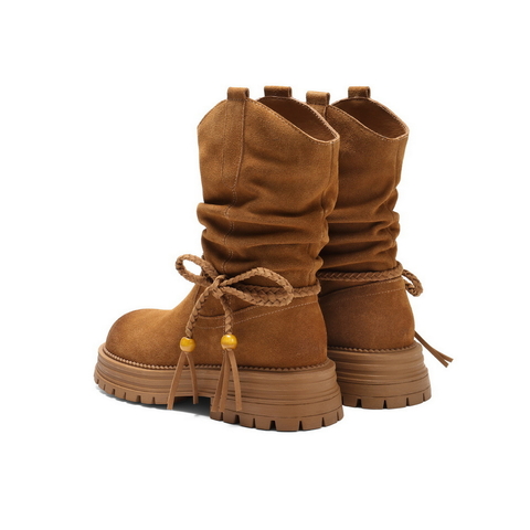 百丽复古擦色西部靴女2025冬新柔软舒适休闲蝴蝶结高靴B2878DZ5