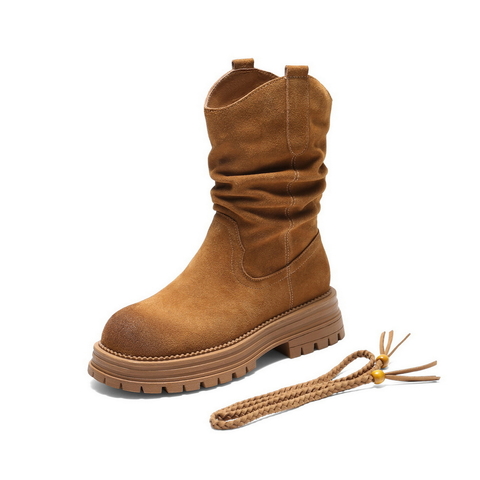 百丽复古擦色西部靴女2025冬新柔软舒适休闲蝴蝶结高靴B2878DZ5