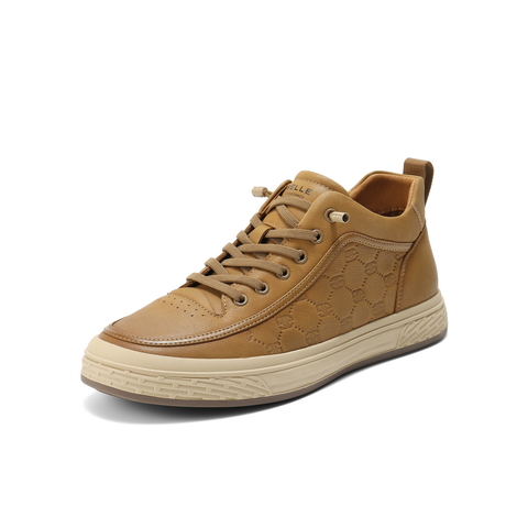 百丽时尚休闲高帮板鞋男鞋2025新冬牛皮革印花工装鞋加绒A2188DM5