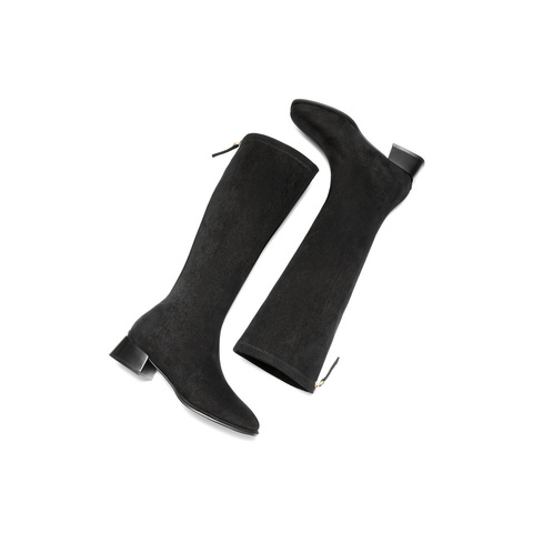 百丽复古简约弹力靴女2025冬新气质方头显瘦弹力高靴B2923DG5