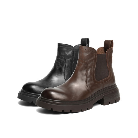 百丽复古擦色切尔西靴女2025冬新真皮厚底增高休闲短靴B2941DD5