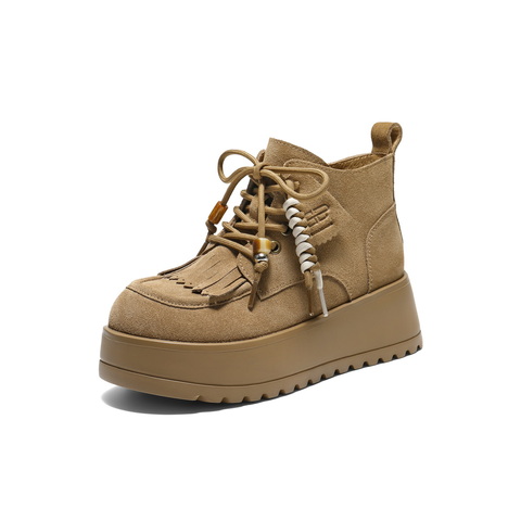 百丽复古流苏串珠马丁靴女2025冬新厚底增高休闲短靴B2951DM5