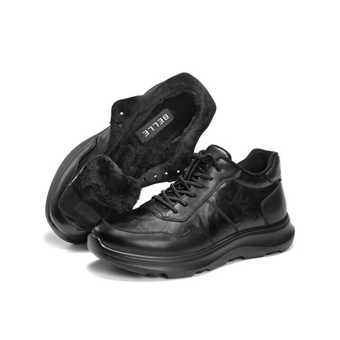 百丽高帮休闲皮鞋男2025新款冬季牛皮厚底商务运动鞋加绒A2220DD5