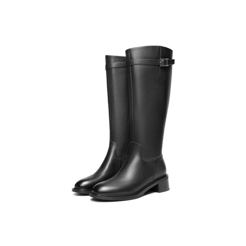 百丽时尚简约骑士靴女2025冬新商场同款真皮方跟高筒靴F2X1DDG5