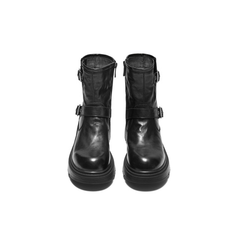 百丽复古抓皱马丁靴女2025冬新质感真皮时尚皮带扣短靴B2959DD5