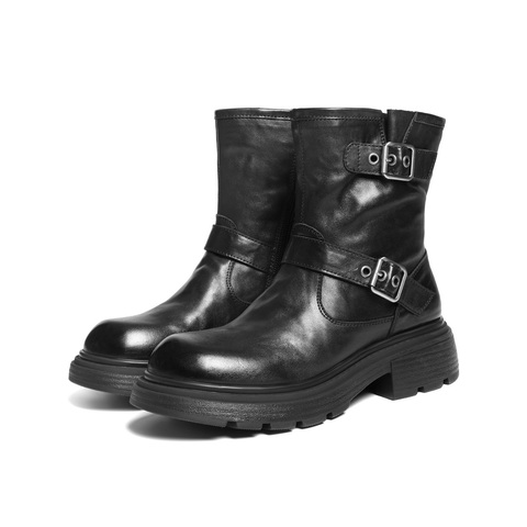 百丽复古抓皱马丁靴女2025冬新质感真皮时尚皮带扣短靴B2959DD5