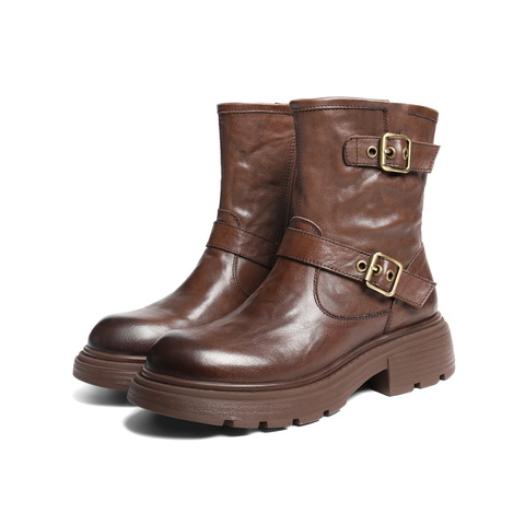 百丽复古抓皱马丁靴女2025冬新质感真皮时尚皮带扣短靴B2959DD5