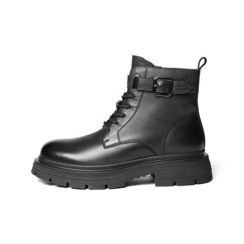 百丽时尚休闲靴男2025新款冬季牛皮革潮搭厚底马丁靴加绒A2287DD5