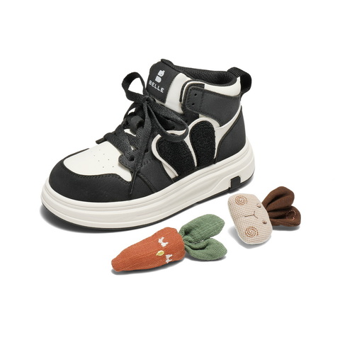 百丽撞色高帮板鞋女童2025冬新商场同款卡通饰扣休闲鞋V5118D85