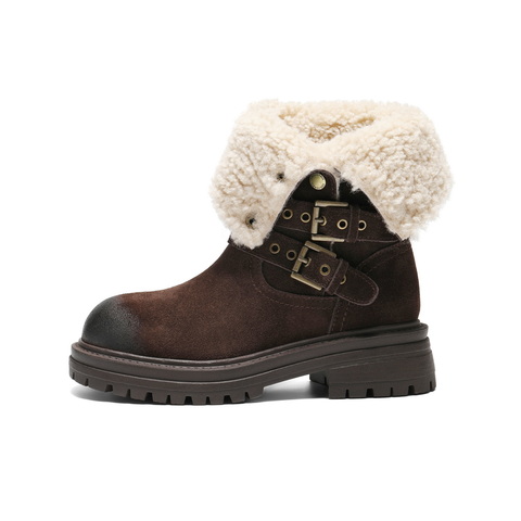 百丽厚底增高西部靴女2025冬新复古绒面潮酷双饰扣中筒靴B2824DZ5